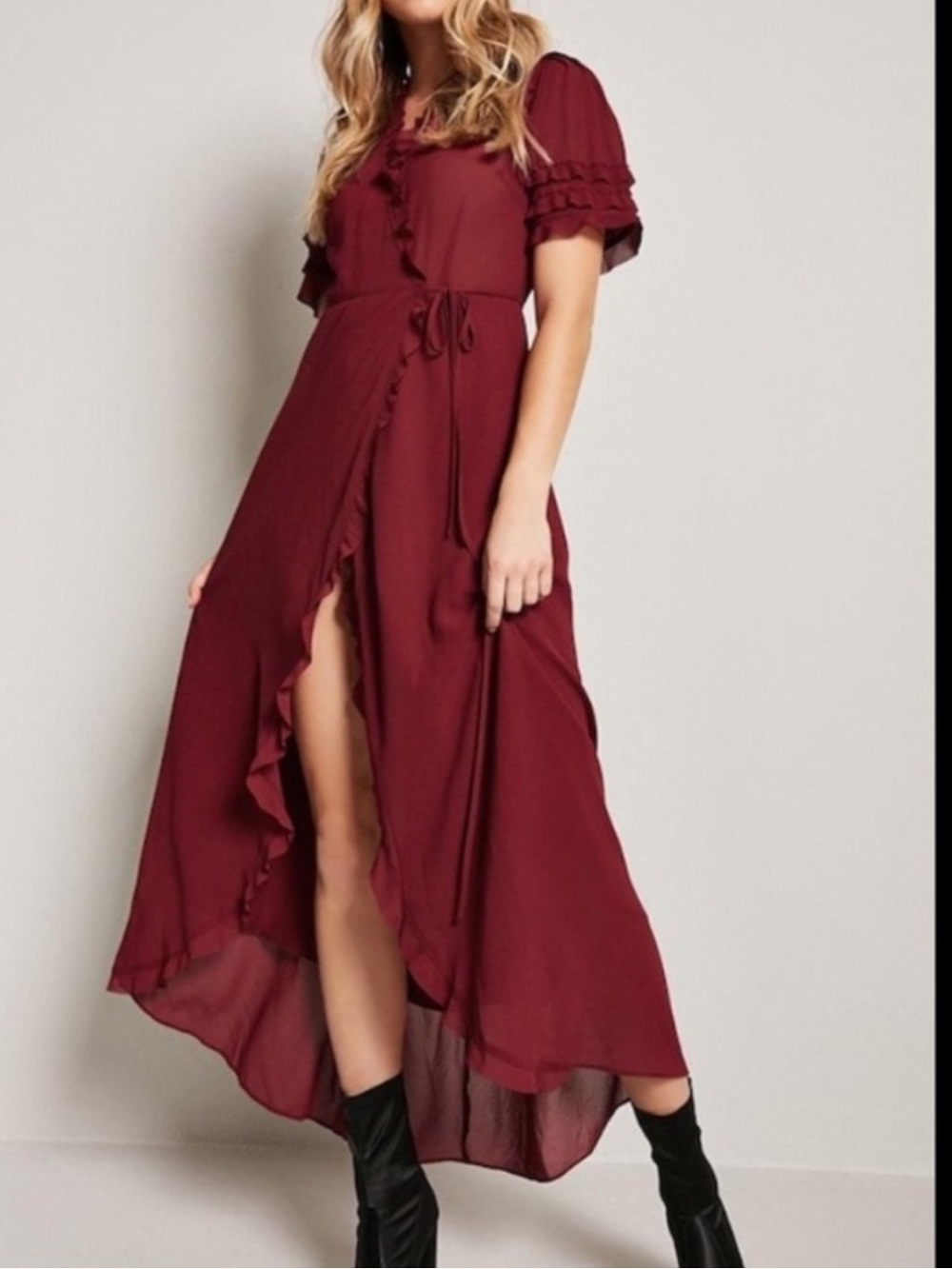 F21 Burgundy Ruffle Trim Wrap Sheer Maxi Dress Ruffled Short Sleeves Coquette S